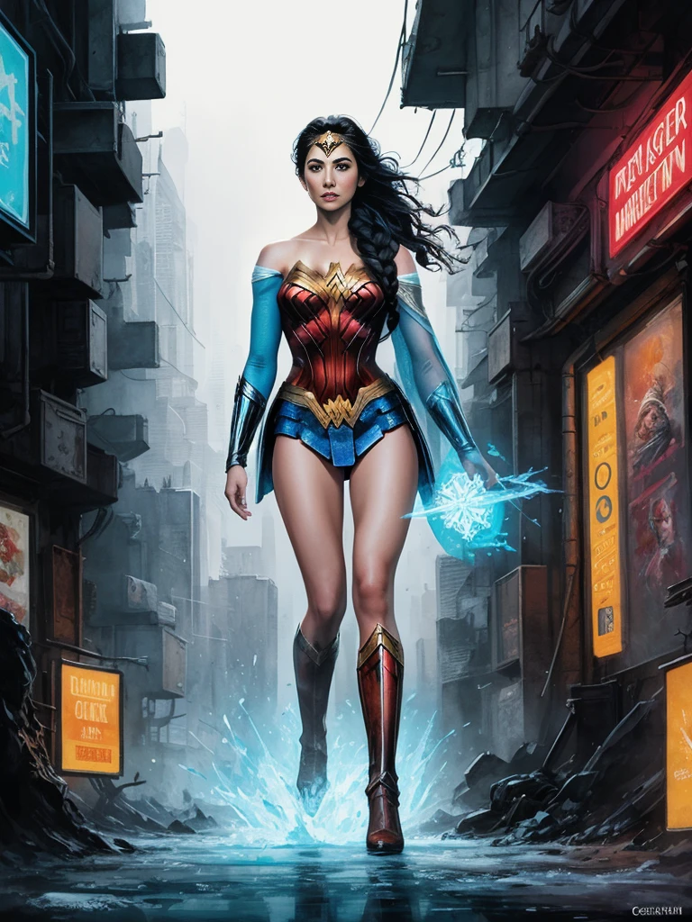 elsa of frozen as wonder woman, full body, jim lee, freedom, soul, digital illustration, comic style, without clothes, cyberpunk, perfect anatomy, centered, approaching perfection, dynamic, highly detailed, watercolor painting, artstation, concept art, smooth, sharp focus, illustration, art by Carne Griffiths and Wadim Kashin,