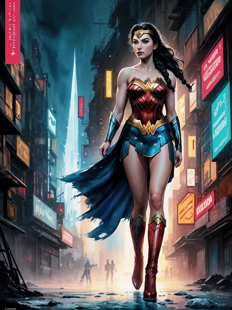 a 1950s female super-hero in an action pose, large breasts, short skirt, narrow waist, wearing tights and a cape, knee-boots, flying through the air with a 1950s small town below, 1950s comic style, popping colors, contrast, detailed realistic cinematic scene, cinematic lighting, dramatic sky with clouds, abandoned vintage car, old-fashioned buildings, neon signs, 1950s era atmosphere, vibrant colors, hyper-realistic, 8k, ultra-detailed
