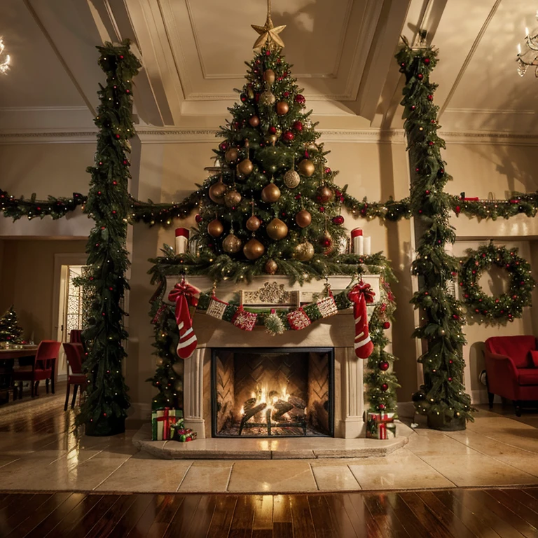 masterpiece, best_quality, christmas, christmas tree, christmas presents, christmas fire place, decorations, joyful, chirstmas tree with presents, christmas colors