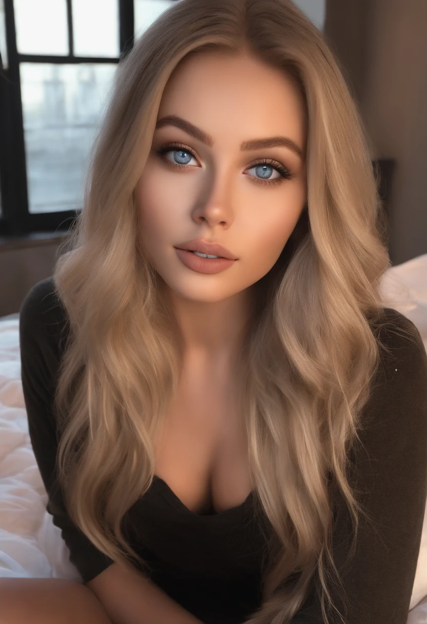 arafed woman fully , sexy girl with blue eyes, ultra realistic, meticulously detailed, portrait sophie mudd, blonde hair and large eyes, selfie of a young woman, bedroom eyes, violet myers, without makeup, natural makeup, looking directly at the camera, face with artgram, subtle makeup, stunning full body shot kneeling on bed, in bedroom, large size bust