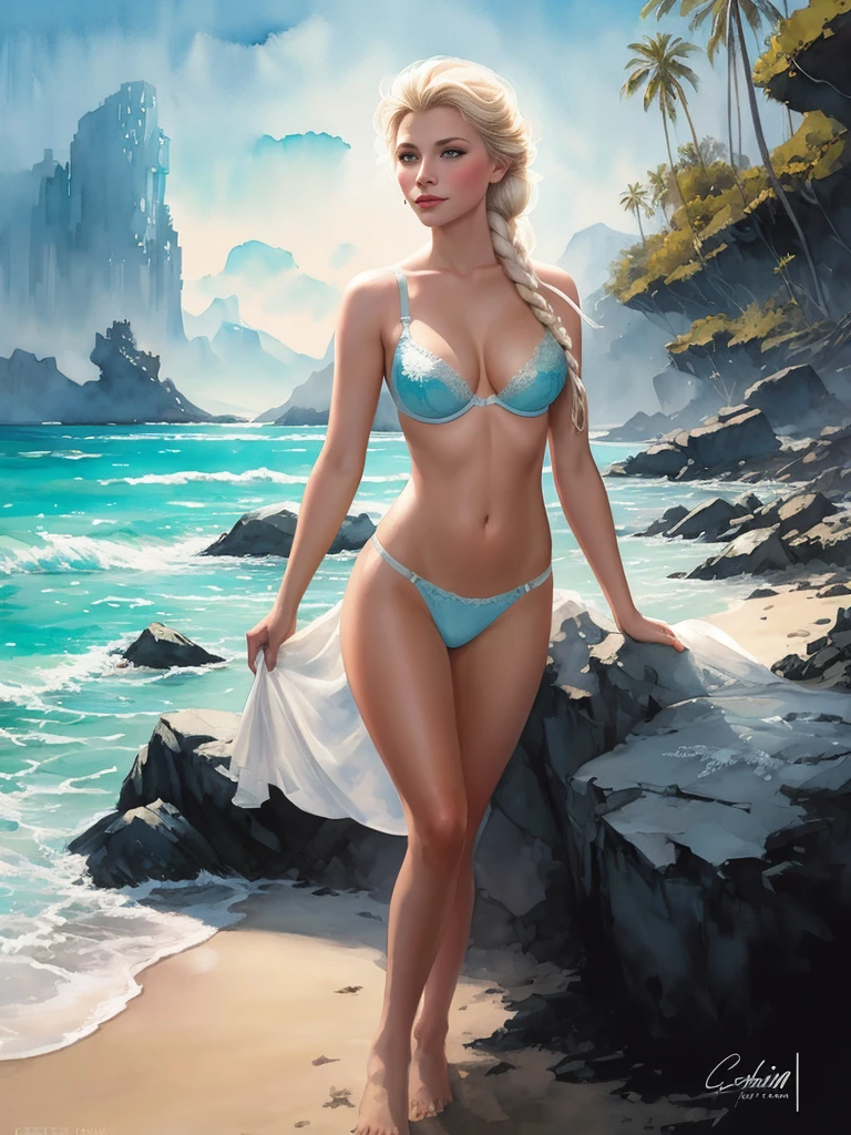 elsa from frozen relaxing at the beach, ((without bra)), full body, jim lee, freedom, soul, digital illustration, comic style, without clothes, cyberpunk, perfect anatomy, centered, approaching perfection, dynamic, highly detailed, watercolor painting, artstation, concept art, smooth, sharp focus, illustration, art by Carne Griffiths and Wadim Kashin,