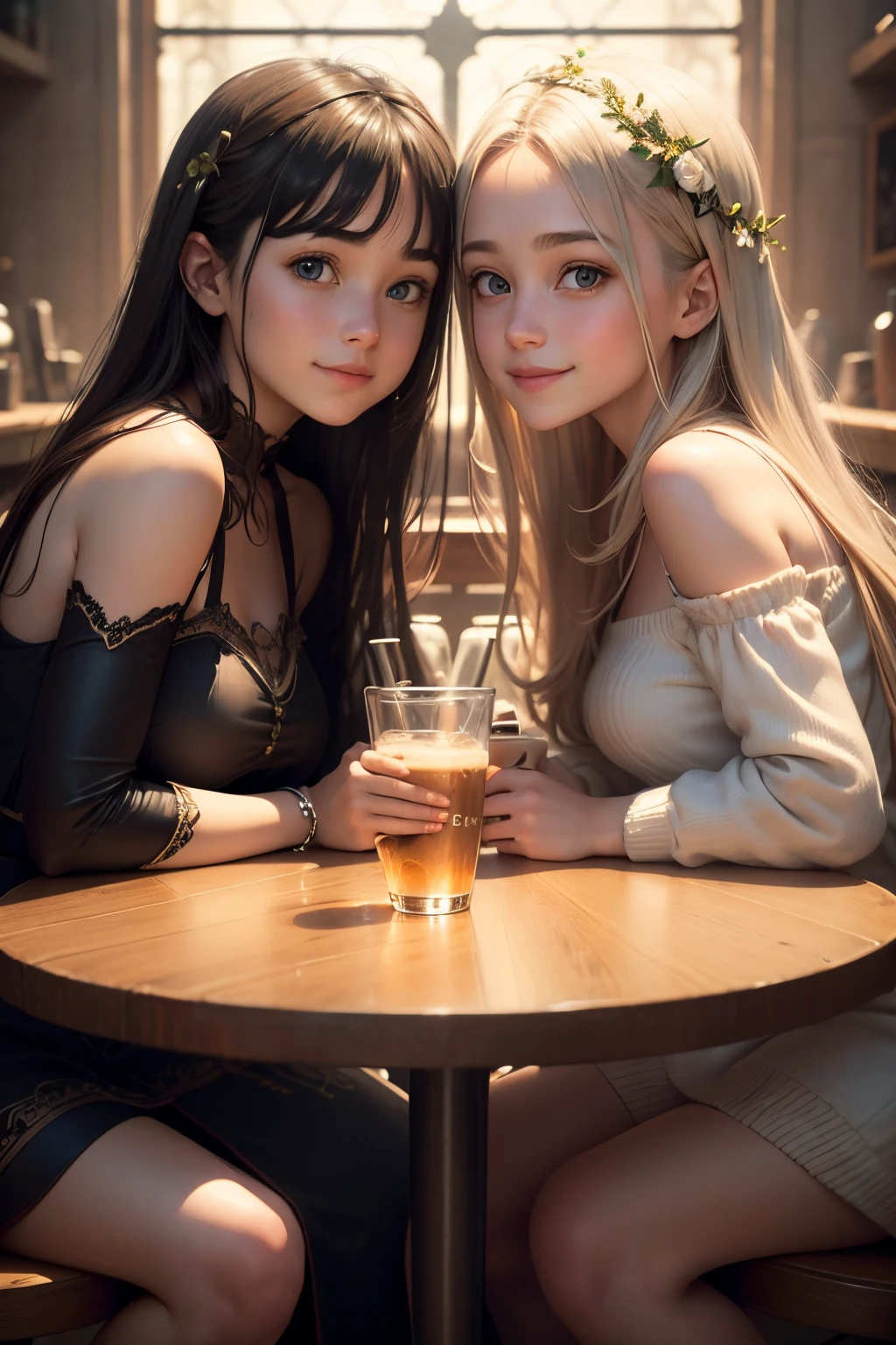 Portrait of two young people are sitting in a cafe, looking at each other and smiling, symmetrical face, symmetrical eyes, highly detailed, Realistic photo, symmetrical face, symmetrical eyes, mystical magical fantasy enchanted ethereal, cinematic shot