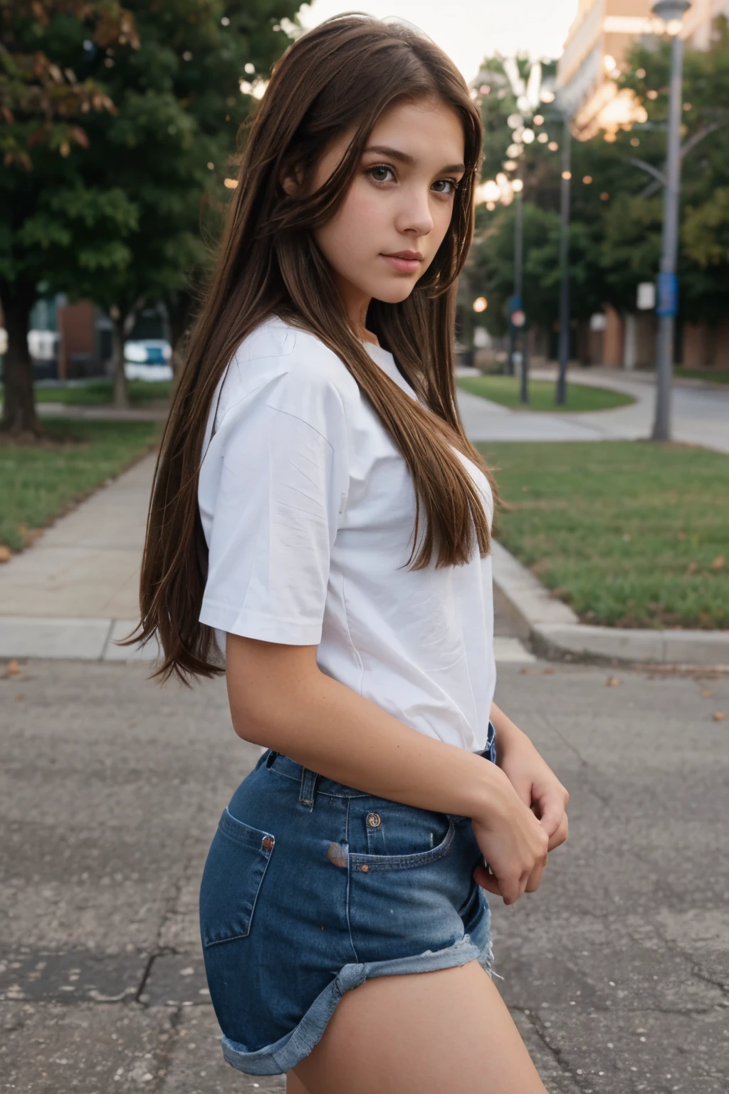 brown hair, pretty face, high school, sweet eyes, walking, staring