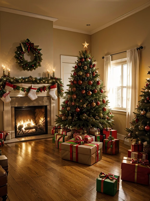 masterpiece, best_quality, christmas, christmas tree, christmas presents, christmas fire place, decorations, joyful, chirstmas tree with presents, christmas colors