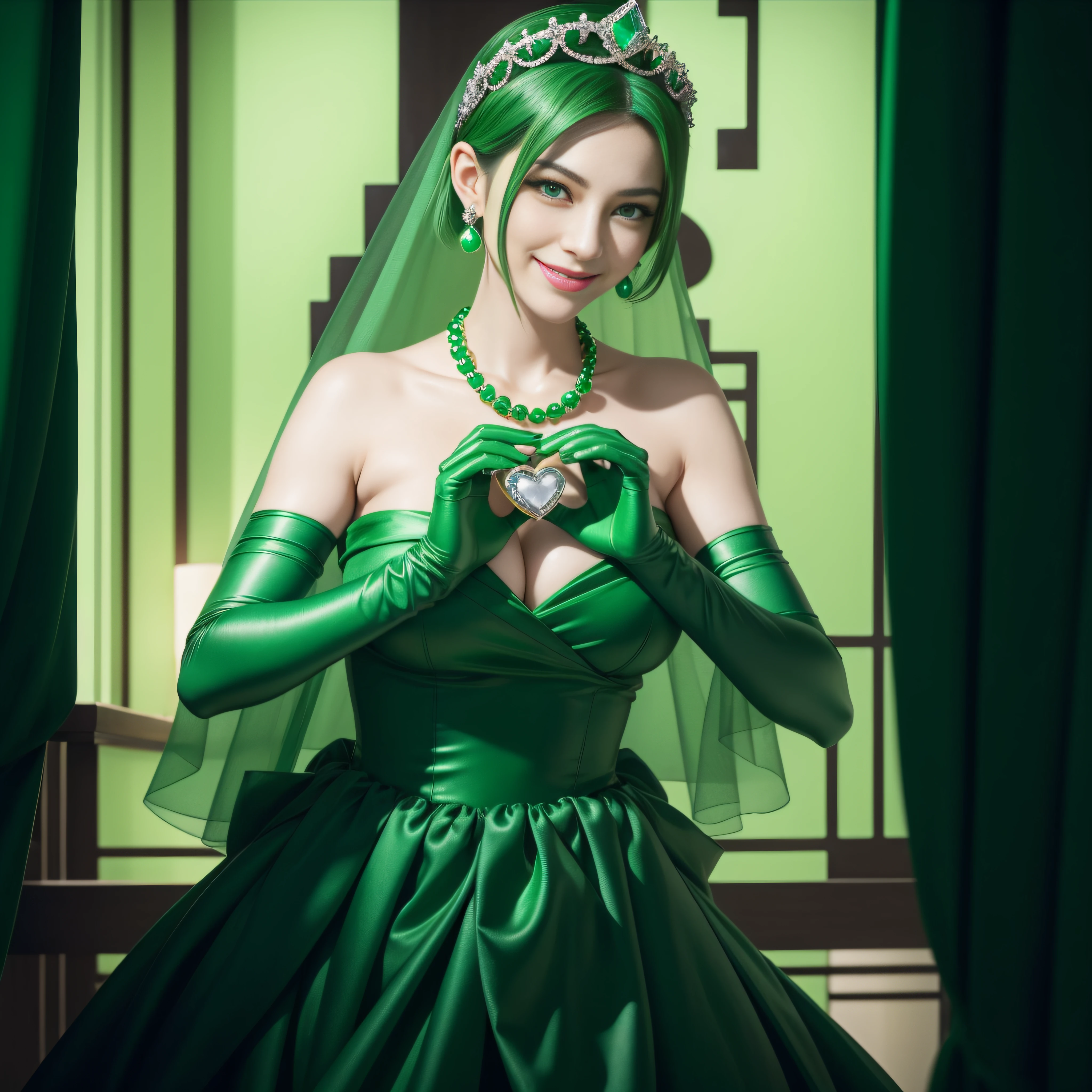 emerald tiara, Green Pearl Necklace, Boyish very short green hair, lipsticks, Japan woman smiling, very short short hair, big breasts beautiful, Green eyes, Long green gloves made of satin material, Green eyes, Emerald Earrings, green vale, Heart with both hands