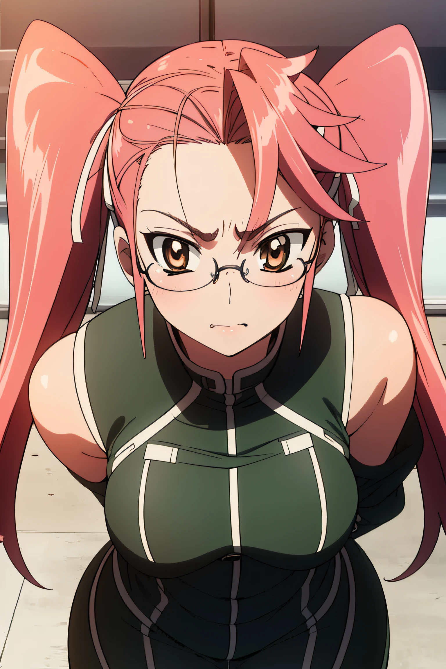 1girl,sayatakagi, saya takagi, long hair, ribbon, twintails, (brown eyes:1.5), hair ribbon, pink hair, glasses,
BREAK bare shoulders, black gloves, chinese clothes, claw ring, detached sleeves, dress, elbow gloves, frilled sleeves, frills, fur collar,
BREAK looking at viewer,standing, leaning forward, arms behind back,
BREAK indoors, classroom,
BREAK (masterpiece:1.2), best quality, high resolution, unity 8k wallpaper, (illustration:0.8), (beautiful detailed eyes:1.6), extremely detailed face, perfect lighting, extremely detailed CG, (perfect hands, perfect anatomy),