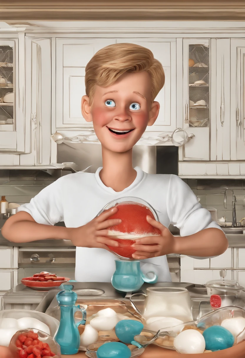 An intricate Rube Goldberg-style booby trap set up in the kitchen,Home Alone film series,Kevin is a young, fair-haired boy, often depicted in casual child’s attire like sweaters, jeans, and comfortable shoes. His sweet face, especially his wide-eyed look of surprise or his iconic hands-on-cheeks scream, masks his sadistic love of torturing adults. , male