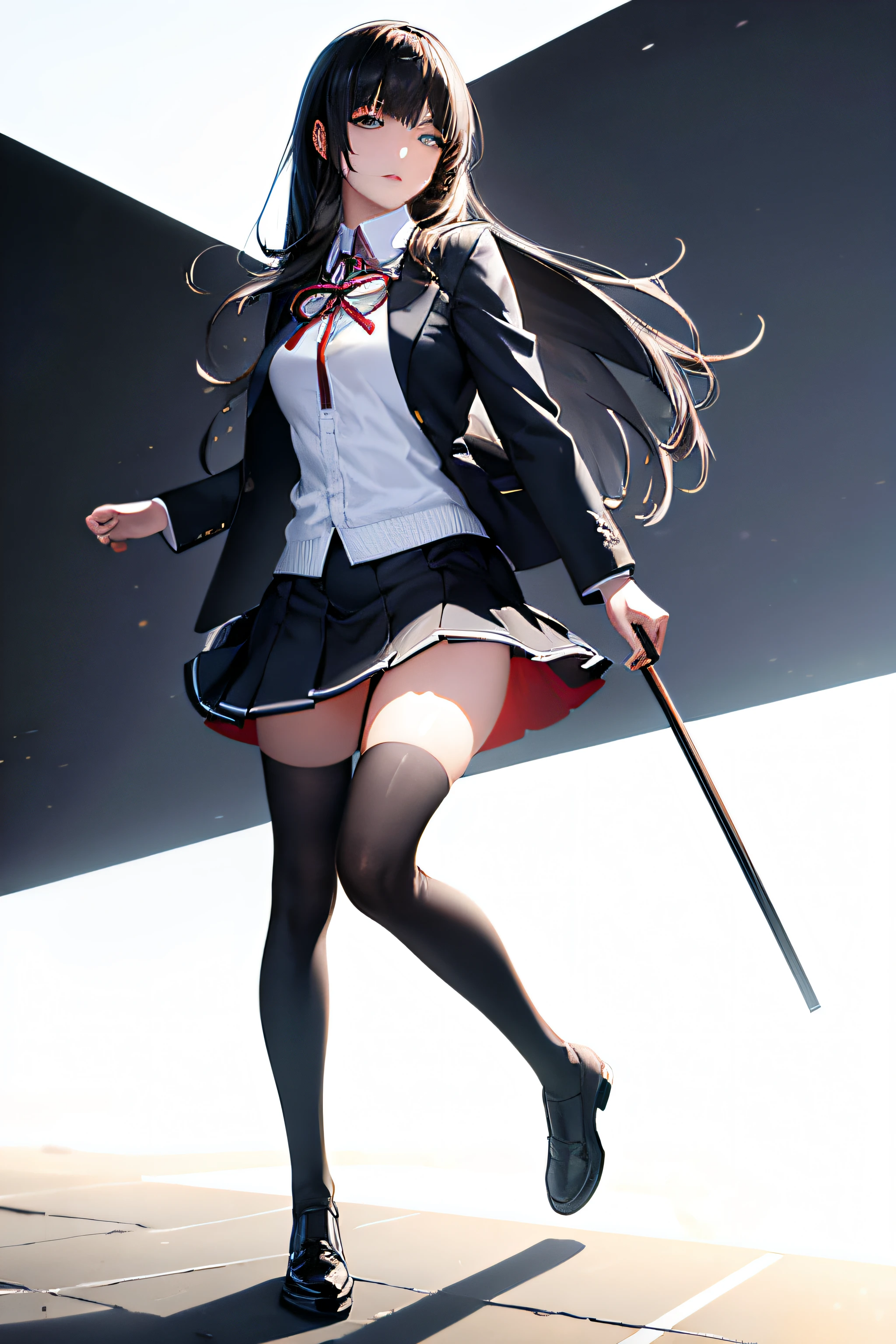 ((masterpiece, best_quality)), 1girl, (photorealistic:1.4),  solo, white_background, black_hair, long_hair,   zettai_ryouiki, skirt, ((full_body)),