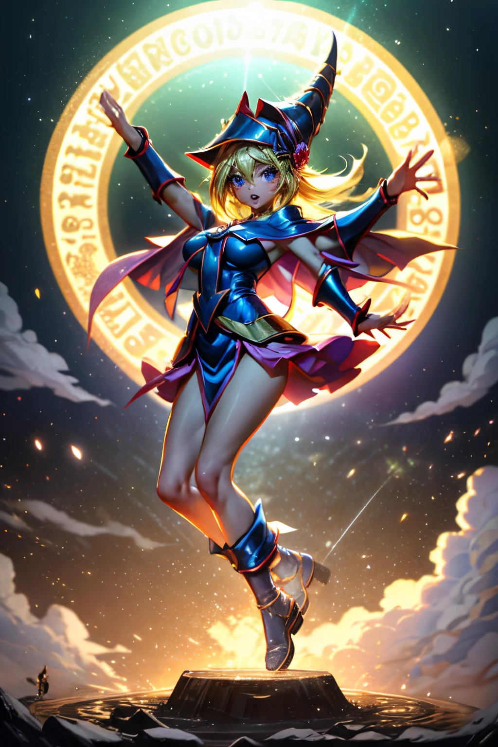 (Obra maestra:1.2), (La mejor calidad:1.2), Perfect lighting, Chica Maga Oscura lanzando un hechizo, flotando en el aire, Levitating over a magic circle , Portal de Circle, tetas grandes, escote abierto, fondo de magia. Pose sejustiva y sexy. Fuegos artificiales de fondo. dragon armaguedon