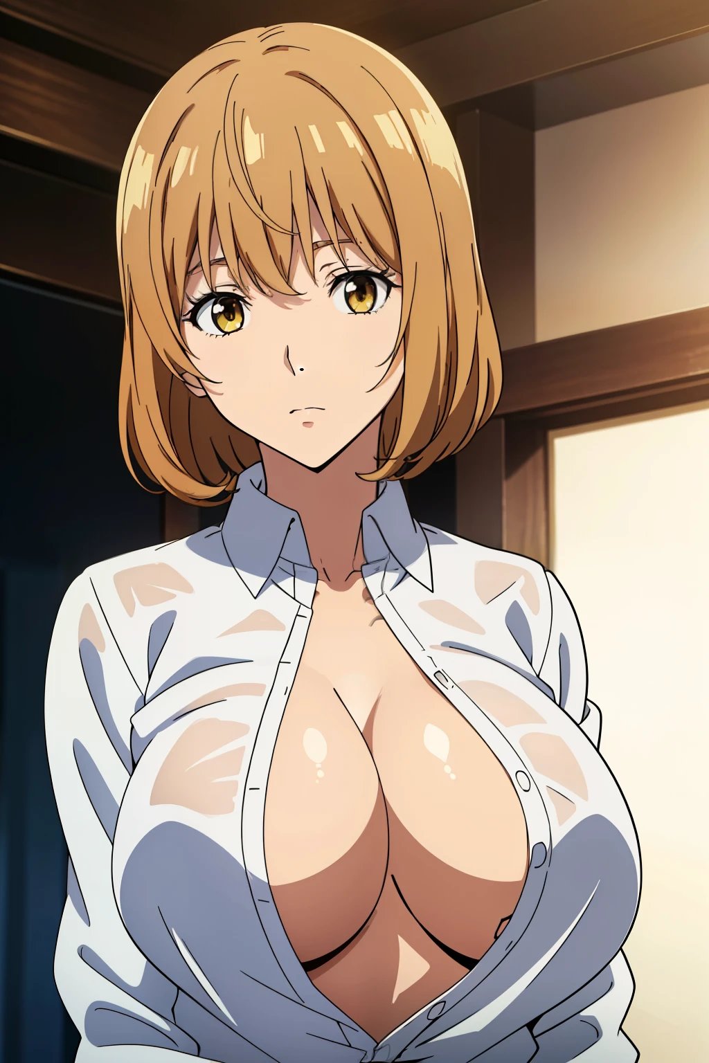 (Best Quality, masutepiece, High resolution, anime screen cap, anime colours), Brown hair, Yellow eyes, Yuriko Aoki, Embarrassed look:1.3, (large full breasts:1.5), cleavage of the breast, (Thin fabric, Men's big white shirt:1.8, no-bra:1.5), Slimed, Lower your arms, squeezing breasts:1.5, Upper body, Bedrooms, (Perfect Anatomy, perfect detailed body, Eyes and hair in beautiful detail, Beautiful breasts and skin),