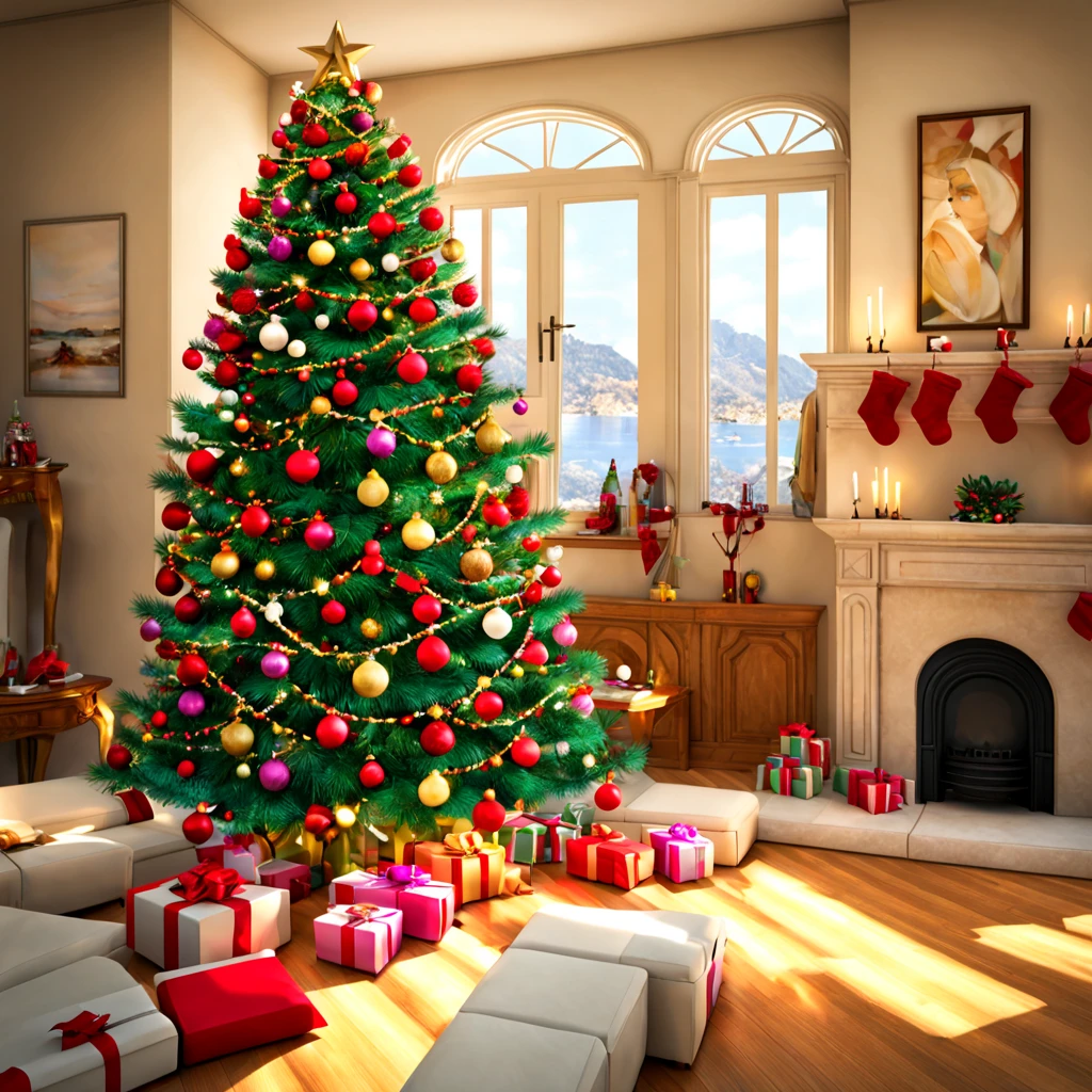 masterpiece, best_quality, christmas, christmas tree, christmas presents, christmas fire place, decorations, joyful, chirstmas tree with presents, christmas colors
