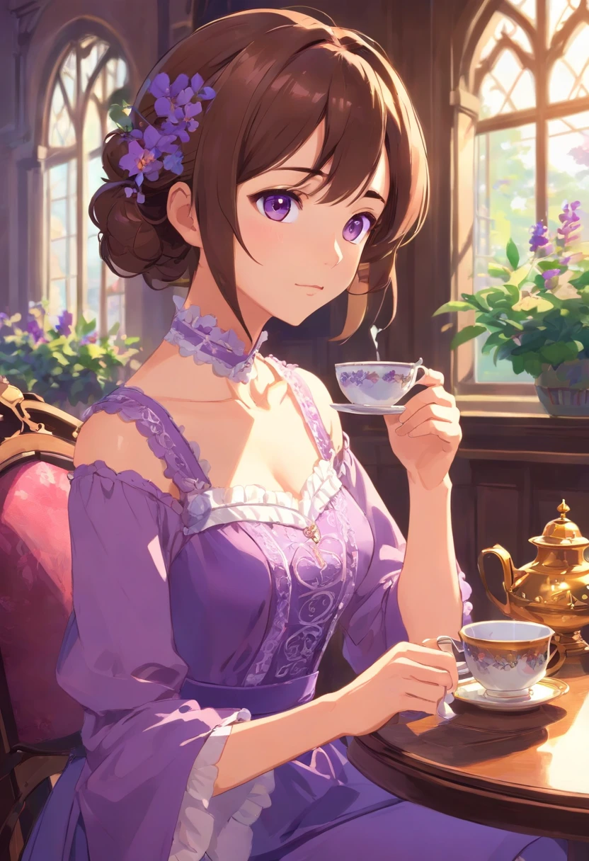 brown haired woman, violet eyes, Violet dress, victorian dress, royalty, Nobility, Drinking tea with a woman