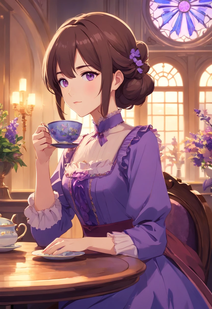 brown haired woman, violet eyes, Violet dress, victorian dress, royalty, Nobility, Drinking tea with a woman