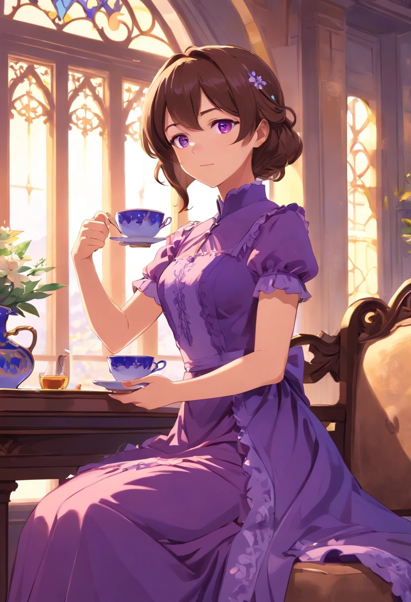 brown haired woman, violet eyes, Violet dress, victorian dress, royalty, Nobility, Drinking tea with a woman