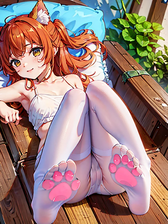 HDR, Excellent quality, 1. A  girl, detailed slime body, (lying down:1.4) on the stomach, legs bent at the knees, petite curvy loli,white pantyhose, (cat paw:1.3),one eye covered, Fox ears, Foxtail, short tail, One Tail, with a beautiful face, ssmile, woods