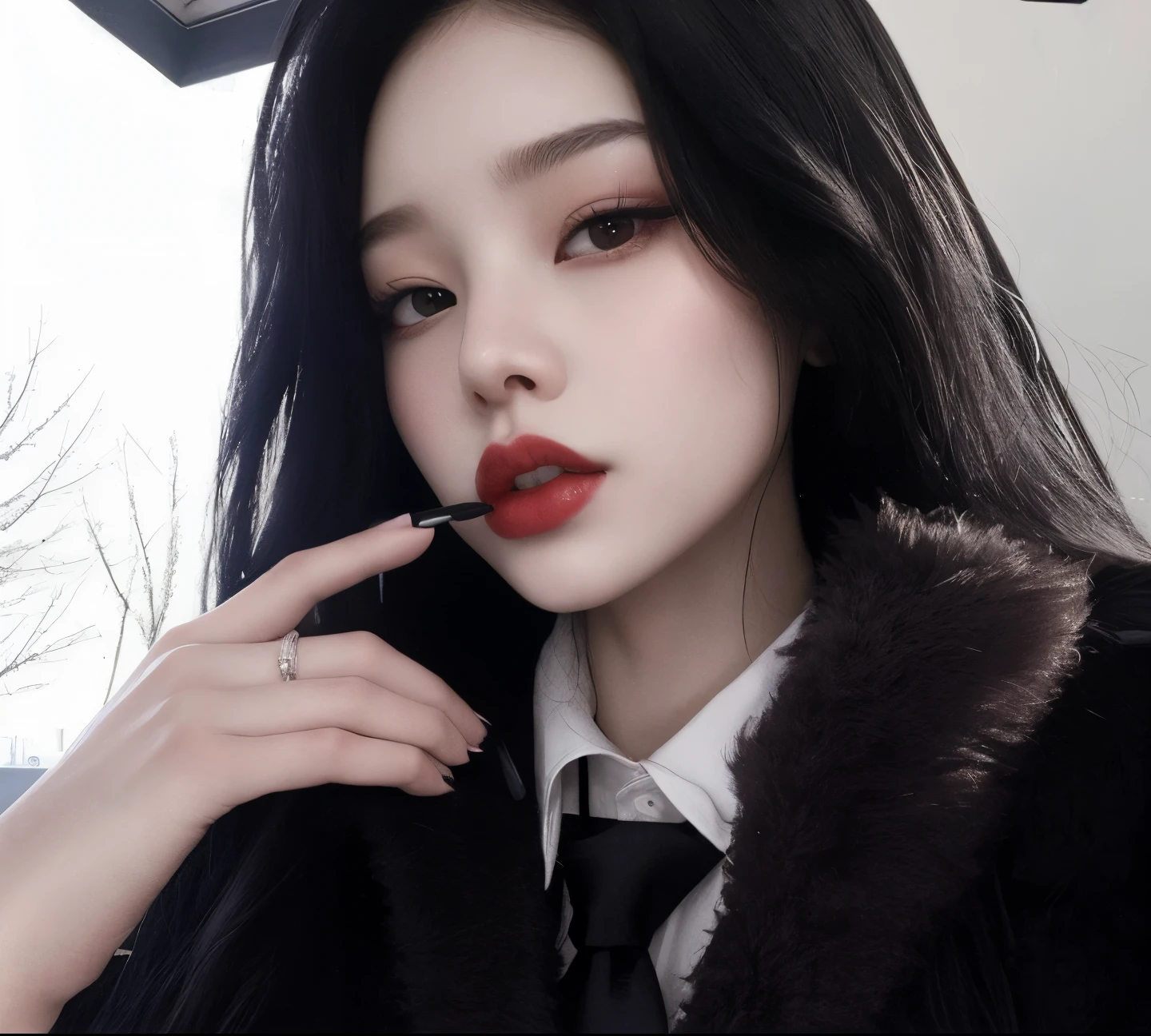 there is a woman with a black tie and a black coat, cruel korean goth girl, Ulzzang, goth girl aesthetic, jennie blackpink, pale snow white skin, pale goth beauty, menina coreana, pale fair skin!!, with very thin lips, 1 7 -  - old h girl, pale porcelain white skin, maquiagem sul-coreana popular