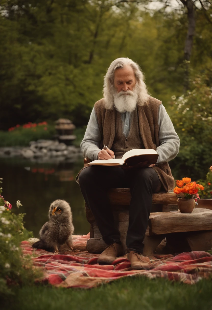 A photo of Don't Know It Poet sitting on a blanket in a peaceful garden, surrounded by colorful flowers, and writing a haiku in a small notebook.,original,a man with longer wiry hair living in a cabin by a pond in rural Vermont, surrounded by a fireplace, a typewriter, and a wooden statuette of an owl., male