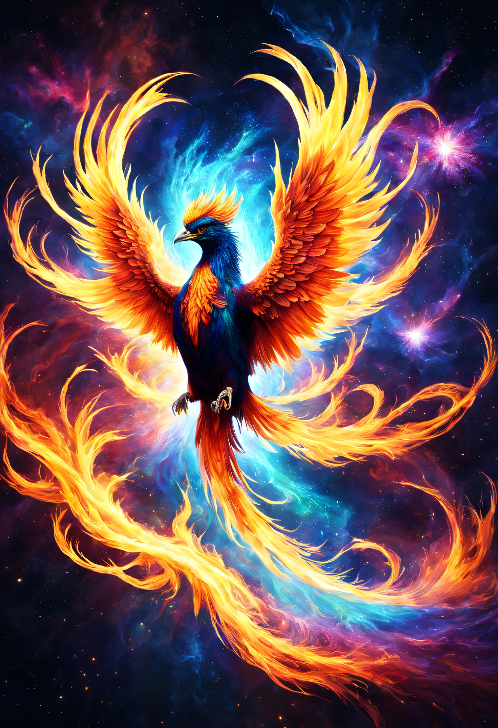 A realistic beautiful phoenix is reborn in the psychedelic fire storm , it has a very visible and lot of textured aura. the beautifull galaxy is visible and stars too