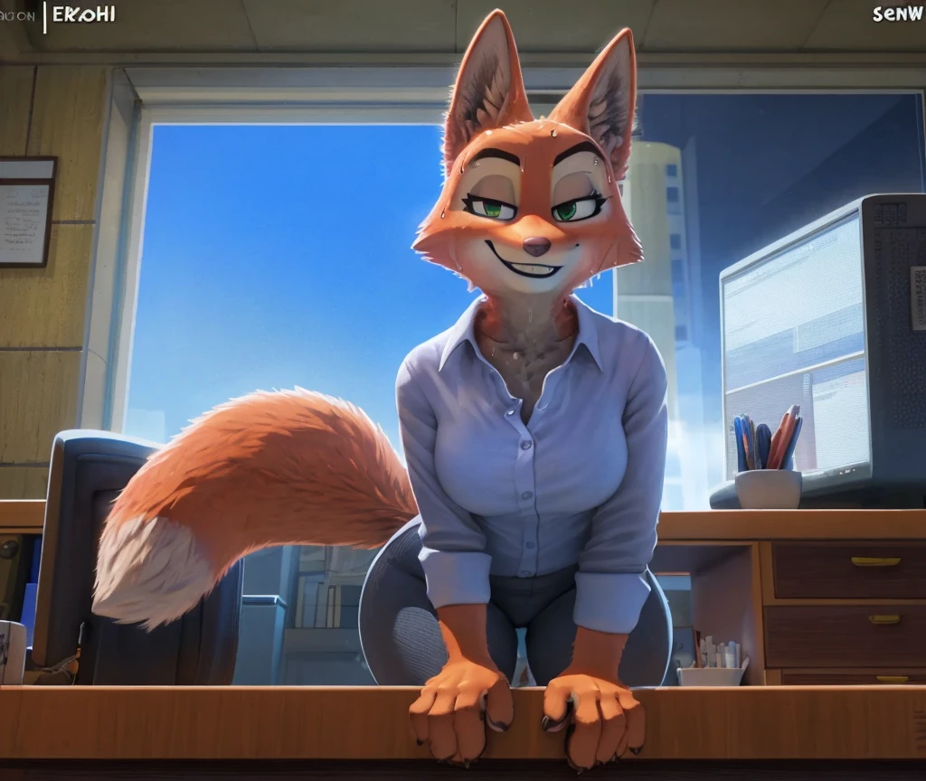 [Diane Foxington], [Uploaded to e621.net; (Foxovh), (Pixelsketcher), (w4g4)], [Uploaded to twitter.com; (@senip)], ((masterpiece)), ((HD)), ((High quality)), ((solo portrait)) ((front view)), ((furry; anthro fox girl)), ((detailed fur)), ((detailed shading)), ((beautiful render art)), {anthro fox; (slim figure), orange fur, pink nose, fox tail, (beautiful green gradient half-closed eyes), (gorgeous hips), (beautiful paws), (black claws), (sweating), (sweat on face), (smug grin), (white teeth)}, {(wet white button-up shirt), (sweaty shirt), (tight grey pants), (eye piercing; LEFT eye)}, {(leaning on desk), (bending over), (looking at viewer)}, [background; (office), (window), (blue sky), (ambient lighting)]