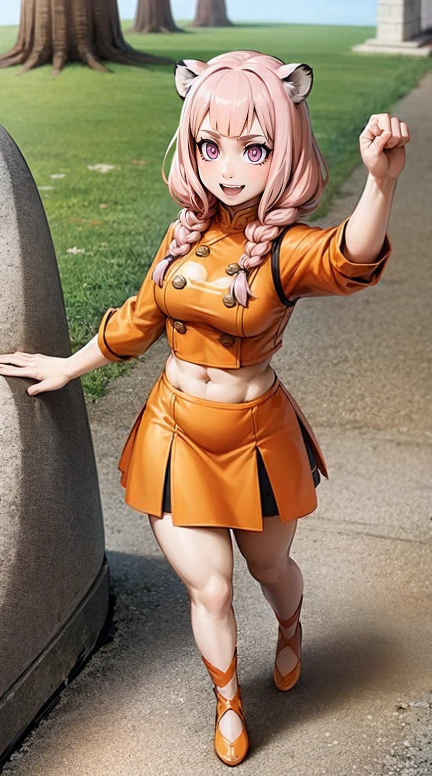 , tiger ears, tiger tails, martial art, medium chest, pink hair, skirt, jacket, godess,1girl,coat,walking, solo focus.1character, holy catholic mountain, smile