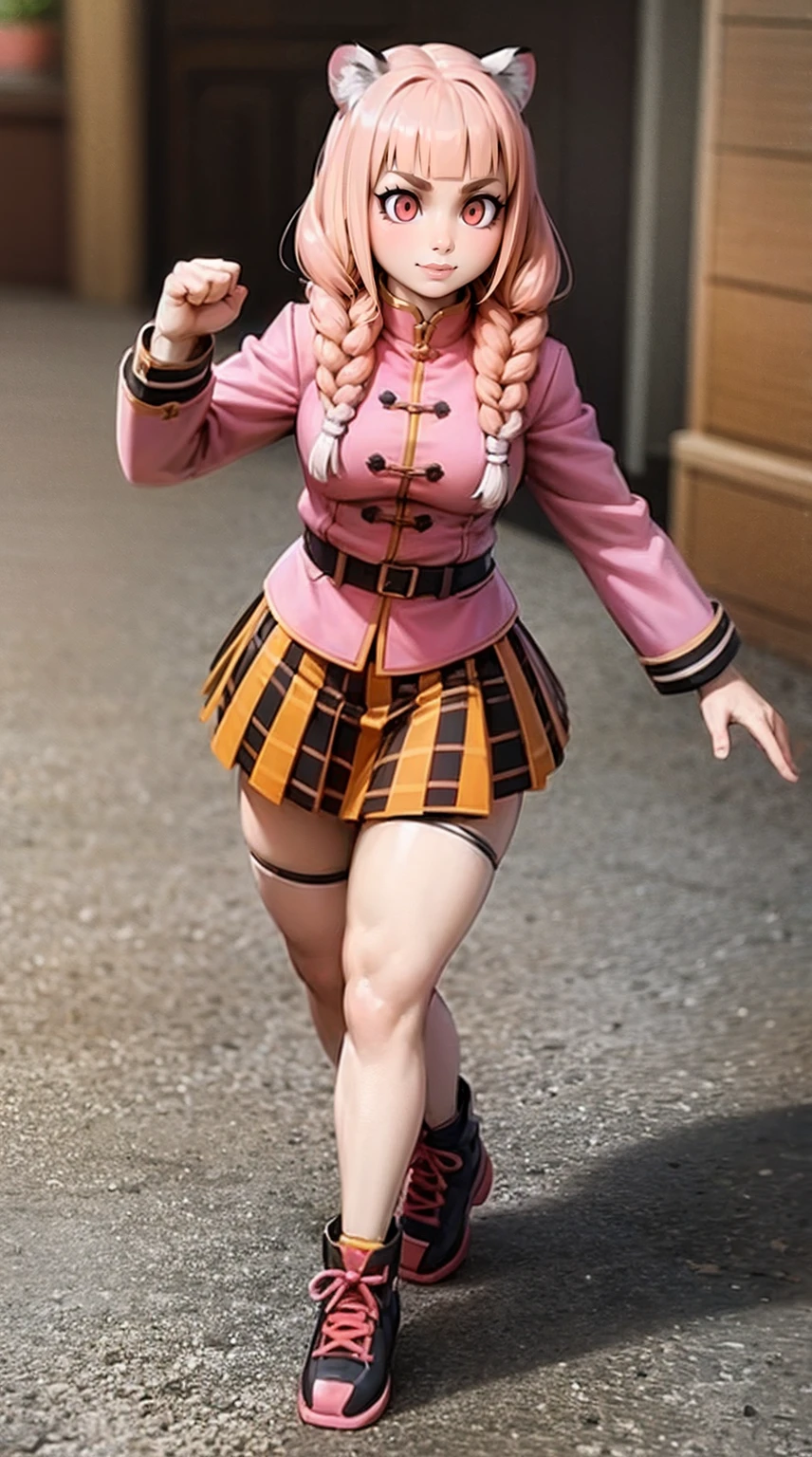 little girl, tiger ears, tiger tails, martial art, medium chest, pink hair, skirt, jacket, godess,1girl,coat,walking, solo focus.1character, holy catholic mountain, smile