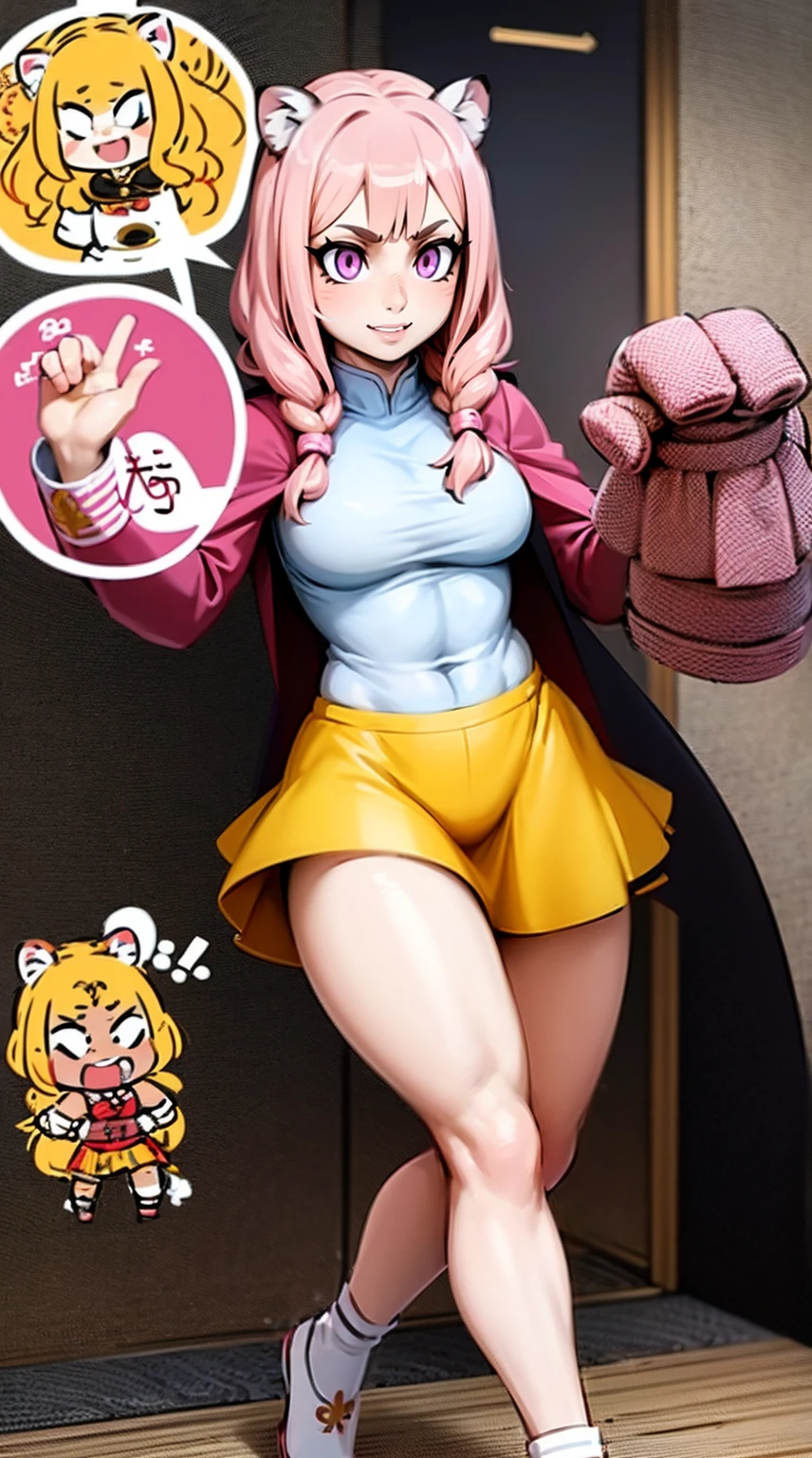 , tiger ears, tiger tails, martial art, medium chest, pink hair, skirt, jacket, godess,1girl,coat,walking, solo focus.1character, holy catholic mountain, smile
