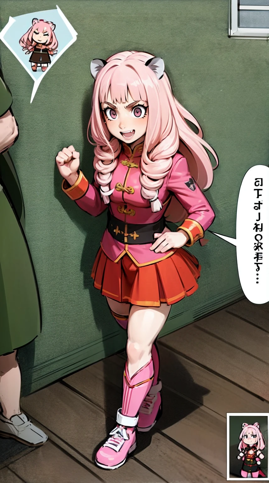 , tiger ears, tiger tails, martial art, medium chest, pink hair, skirt, jacket, godess,1girl,coat,walking, solo focus.1character, holy catholic mountain, smile