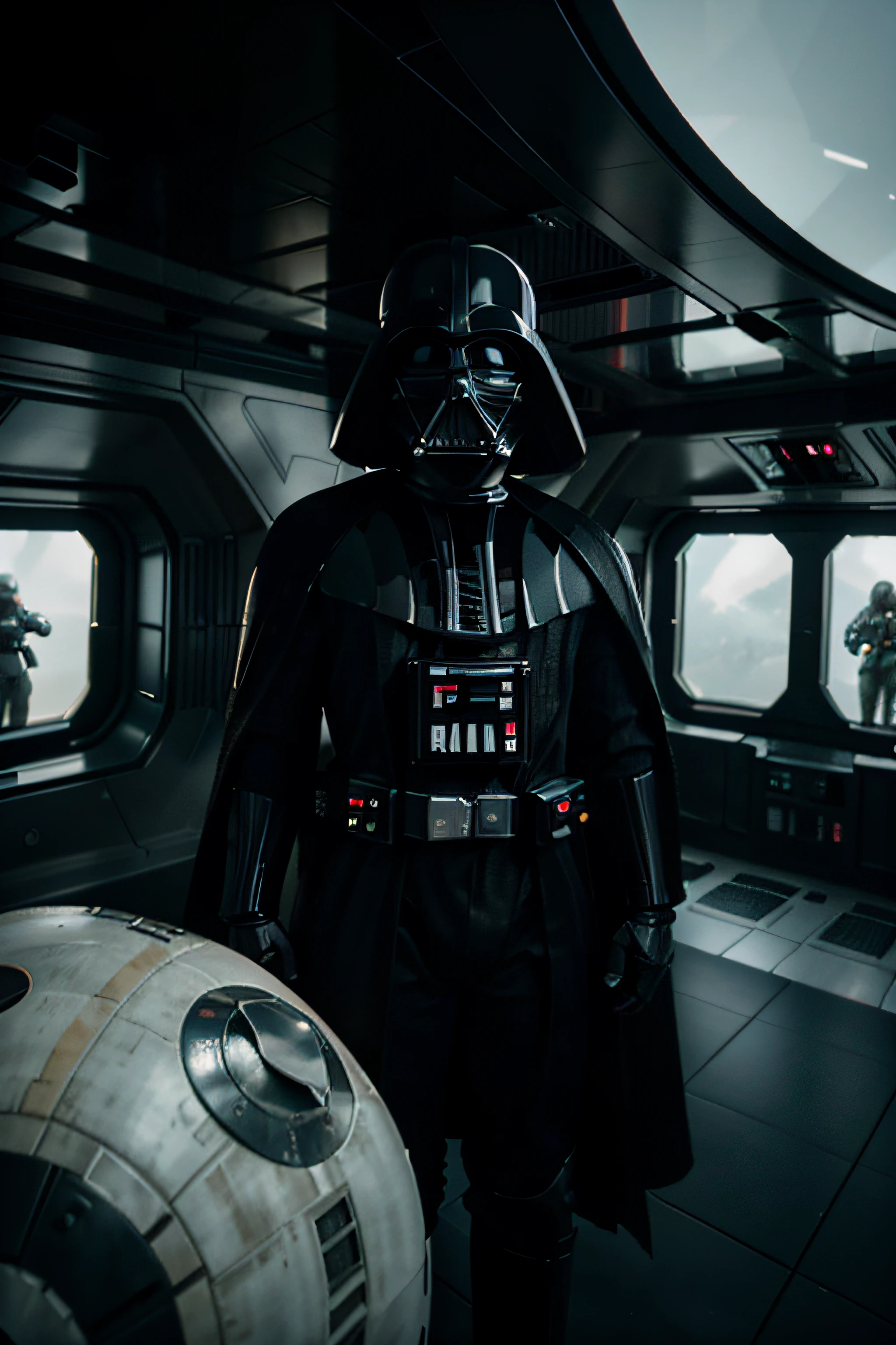 Foto de Darth Vader com Stormtroopers dentro da nave Estrela da Morte + foto tirada por EOS R5 com lente RF 24-105mm f + camera effect: lente olho de peixe + hyper realistic + luz profissional + Cinematografia --AR 9:16 --s 850 --q 5 --v 5.1