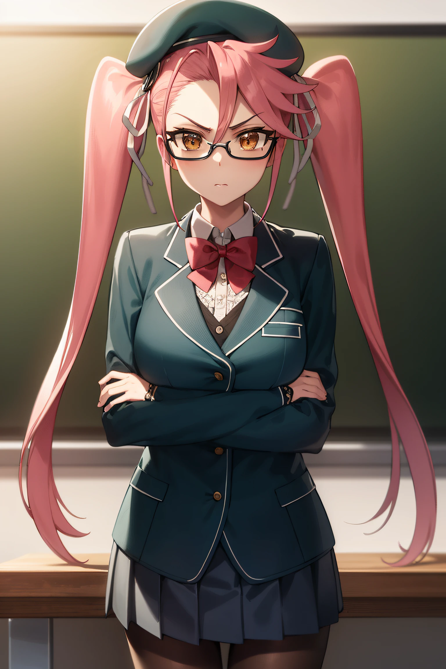 1girl,sayatakagi, saya takagi, long hair, ribbon, twintails, (brown eyes:1.5), hair ribbon, pink hair, glasses,
BREAK beret, blue headwear, blue jacket, blue vest, hat, jacket, pantyhose, ribbon, school uniform, skirt, vest, youtou high school uniform,
BREAK looking at viewer,standing, crossed arms,angry, pov,
BREAK indoors, classroom,
BREAK (masterpiece:1.2), best quality, high resolution, unity 8k wallpaper, (illustration:0.8), (beautiful detailed eyes:1.6), extremely detailed face, perfect lighting, extremely detailed CG, (perfect hands, perfect anatomy),