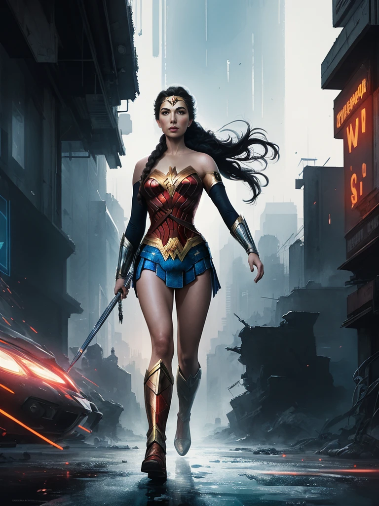 elsa of frozen as wonder woman, full body, freedom, soul, digital illustration, cyberpunk, perfect anatomy, centered, approaching perfection, dynamic, highly detailed, watercolor painting, artstation, concept art, smooth, sharp focus, illustration, art by Carne Griffiths and Wadim Kashin, dramatic cinematic light