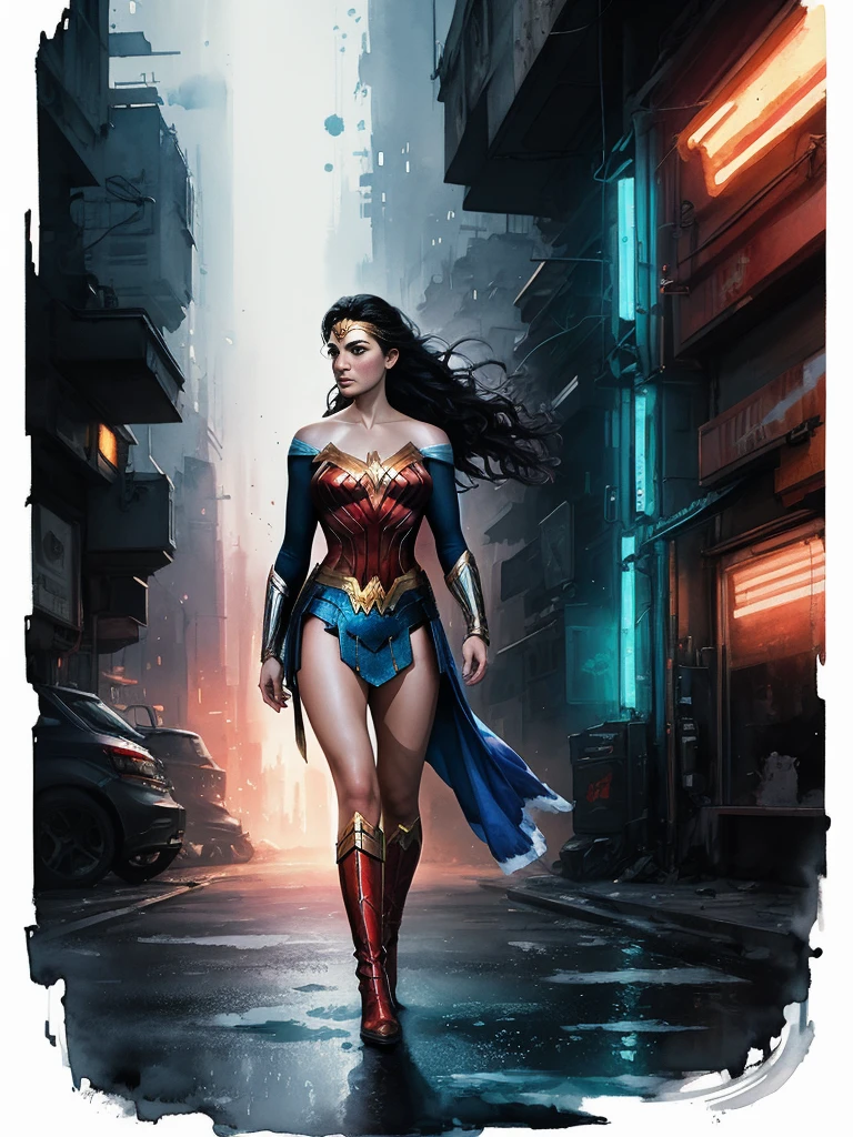 elsa of frozen as wonder woman, full body, freedom, soul, digital illustration, cyberpunk, perfect anatomy, centered, approaching perfection, dynamic, highly detailed, watercolor painting, artstation, concept art, smooth, sharp focus, illustration, art by Carne Griffiths and Wadim Kashin, dramatic cinematic light