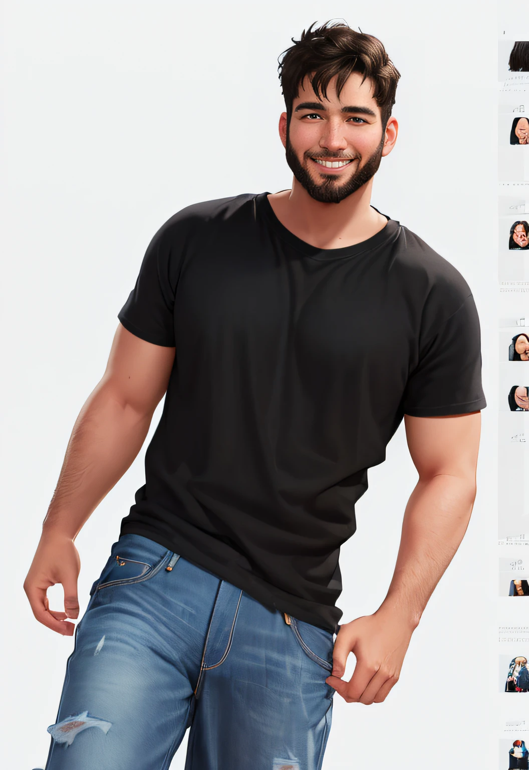 utilizing attached image as a reference,generate a (((solo full body turnaround realistic Pixar 3d animation style character sheet of numerous poses))) and emotions of 32 year old handsome,funny Pixar 3D animation style,father,named Chip Wize,a Caucasian,sporty dad with stylish longer highly realistically textured black hair,brown highly realistic detailed open eyes with detailed irises,tiny cute nose,trim short beard,slim athletic build,wearing ((loose fitting)) black concert t - shirt:1.1),blue faded (((loose fitting full length jeans:1.1))),black hi-top sneakers with white soles,smile,laughing,smirk,teasing smile,full shot,at (multiple views:1.33),from behind,from back,front view,from side,8K,unreal engine,(100% white background:1.1),8k,(insanely realistic human details),