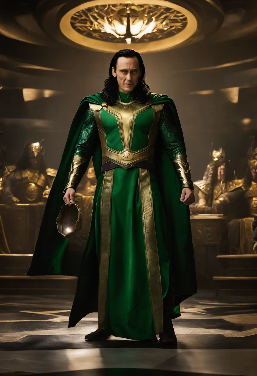 A photo of Loki enjoying a lively game of Mjölnir toss with a group of Asgardian warriors,Marvel Cinematic Universe,Loki, the “God of Mischief” is depicted in Marvel Comics and the Marvel Cinematic Universe, as a figure of mischief and complexity. he is seen with slicked-back black hair, often wearing a green and gold Asgardian costume that reflects both his royal heritage and his penchant for flair., male