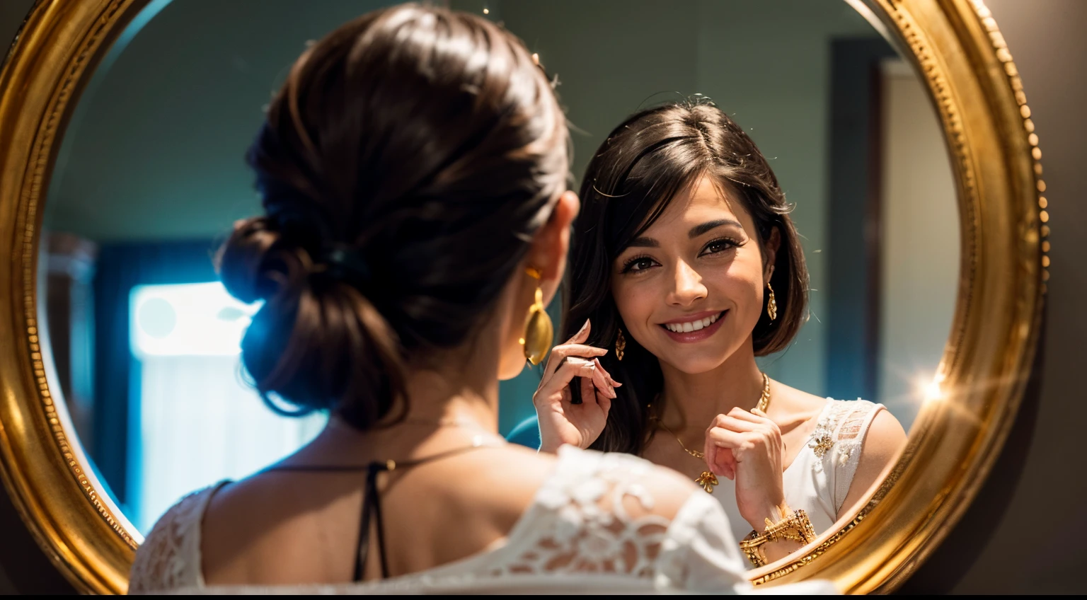 a smiling woman holds a small hand mirror, cinemactic, bokeh, it is possible to see the woman from behind and her reflection in the mirror, the mirror is golden and well decorated, 8k, alta resolução