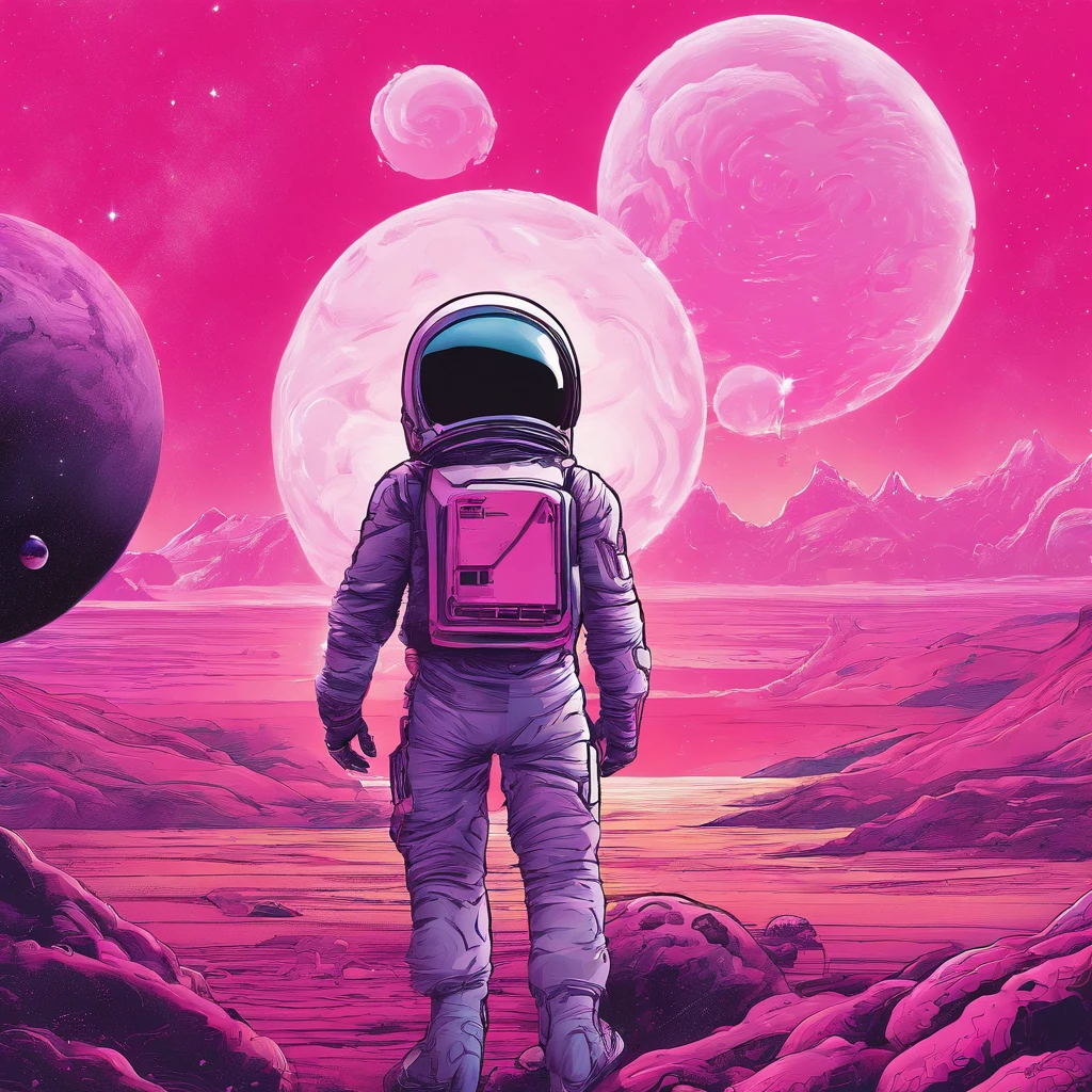 HD details, Close-up of a man in a cowboy suit with a giant (((pink marshmallow))), planets in the background, psychedelic cosmic horror, psychedelic illustrations, cosmic space, plants growing, The world of psychosis, Background space graphic art, Cosmic illustration, cosmic space, cosmic lsd poster art, dmt space behind, Space scene, Surreal space, Cosmic style