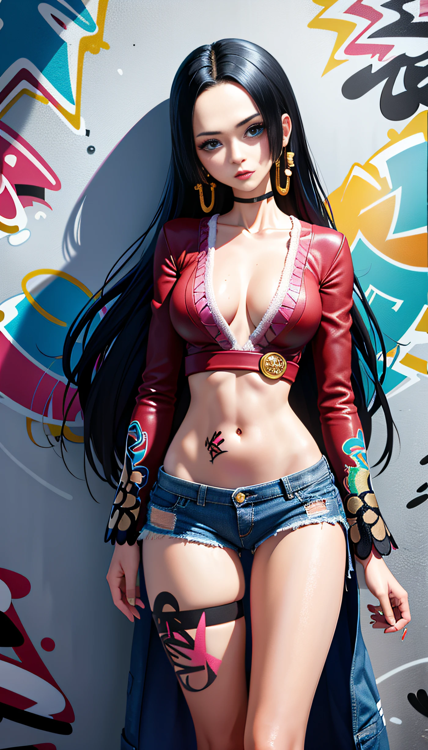 masterpiece, best quality, (extremely detailed CG unity 8k wallpaper, masterpiece, best quality, ultra-detailed, masterpiece, best quality, 1girl, solo, crop top, denim shorts, choker, (graffiti:1.5), paint splatter, arms behind back, against wall, looking at viewer, armband, thigh strap, paint on body, head tilt, bored, multicolored hair, aqua eyes, headset, Boa Hancock,