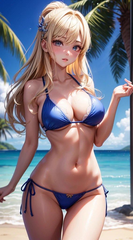 There is a woman in a blue bikini, naughty bikini, japanaese girl, Japan Woman, Japanese style, shores, sparkling beach, bigger, splash of water, embarrassing bikini, obscene bikini, portrait photo of an, A princess, Be inspired by your idols, blonde goddess, Beautiful brunette girl, oriental girl, Works of masters, The highest image quality, high high quality, high detal, 超高分辨率, 8K分辨率, depth of fields, cinematic photogtaphy, intricately details, meticulously made, meticuloso, a gorgeous, max detail, Ultimate beauty, (((1 girl in, Alone))), 18 years old, long whitr hair, multicolour hair, white skinned, actual, On the table, (The highest image quality), high high quality, high detal, 超高分辨率, Panorama Figures, exquisite facial features, s the perfect face, Glowing skin, dreamy background, femele, The girls, Angelic, mini girls, welcoming, poets, the shy, surprise, Shoulder-length hair, coiffed blonde hair, Focus Clear, three-dimensional silhouette, the right proportions, Realistic portraits, closeup of face, A pretty girl with great temperament, long slim figure, exquisite facial features, long hair flowing, brunette color hair, Very detailed hair description, (鎖骨), s the perfect face, Face is clean and flawless, Long eyelashes, Light dimples, Be red in the face, watery big eyes crystal clear, Fine cream for skin-like radiance, Detailed skin details, CFG scale: 8,(Beautiful girl with big breasts and hair),(She is wearing a blue bikini、lips slightly apart,),(because she is standing,There are splashes of water all around、Her navel is clearly visible), Vibrant colors and soft lighting create a dreamy atmosphere,1 girl in, Large breasts, navel, Open your lips