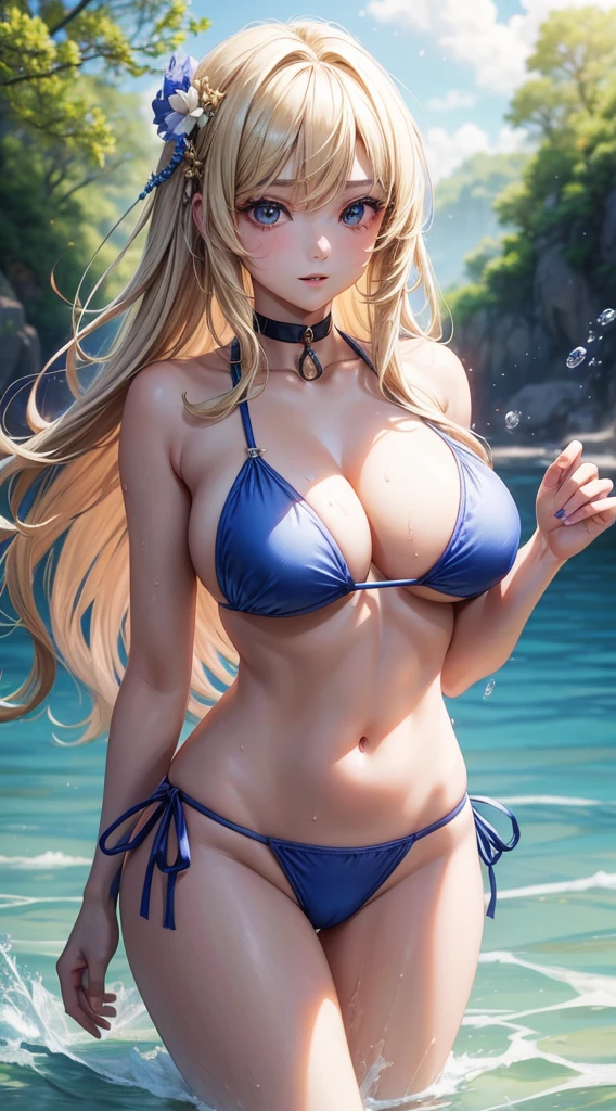 There is a woman in a blue bikini, naughty bikini, japanaese girl, Japan Woman, Japanese style, shores, sparkling beach, bigger, splash of water, embarrassing bikini, obscene bikini, portrait photo of an, A princess, Be inspired by your idols, blonde goddess, Beautiful brunette girl, oriental girl, Works of masters, The highest image quality, high high quality, high detal, 超高分辨率, 8K分辨率, depth of fields, cinematic photogtaphy, intricately details, meticulously made, meticuloso, a gorgeous, max detail, Ultimate beauty, (((1 girl in, Alone))), 18 years old, long whitr hair, multicolour hair, white skinned, actual, On the table, (The highest image quality), high high quality, high detal, 超高分辨率, Panorama Figures, exquisite facial features, s the perfect face, Glowing skin, dreamy background, femele, The girls, Angelic, mini girls, welcoming, poets, the shy, surprise, Shoulder-length hair, coiffed blonde hair, Focus Clear, three-dimensional silhouette, the right proportions, Realistic portraits, closeup of face, A pretty girl with great temperament, long slim figure, exquisite facial features, long hair flowing, brunette color hair, Very detailed hair description, (鎖骨), s the perfect face, Face is clean and flawless, Long eyelashes, Light dimples, Be red in the face, watery big eyes crystal clear, Fine cream for skin-like radiance, Detailed skin details, CFG scale: 8,(Beautiful girl with big breasts and hair),(She is wearing a blue bikini、lips slightly apart,),(because she is standing,There are splashes of water all around、Her navel is clearly visible), Vibrant colors and soft lighting create a dreamy atmosphere,1 girl in, Large breasts, navel, Open your lips