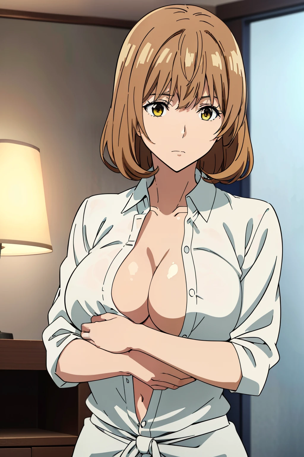 (Best Quality, masutepiece, High resolution, anime screen cap, anime colours), Brown hair, Yellow eyes, Yuriko Aoki, Embarrassed look:1.3, (large full breasts:1.5), (Thin fabric, Men's Big White Shirt:1.8, no-bra:1.5), the shirt is not&#39;Disagree, Slimed, Lower your arms, squeezing breasts:1.5, Upper body, Bedrooms, (Perfect Anatomy, perfect detailed body, Eyes and hair in beautiful detail, Beautiful breasts and skin),