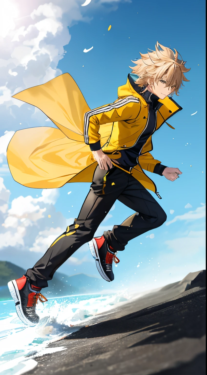 a man running left to right, male character, running pose, dynamic active running pose, running freely, blonde hair, messy hair, black joggers, unzipped yellow coat, windy, autumn, sideview, realistic, best quality, detailed, no background, no blur, view from the side, full body shot, sharp, focused, coat blowing in the breeze, realistic, detailed hands, detailed face, wet clothes