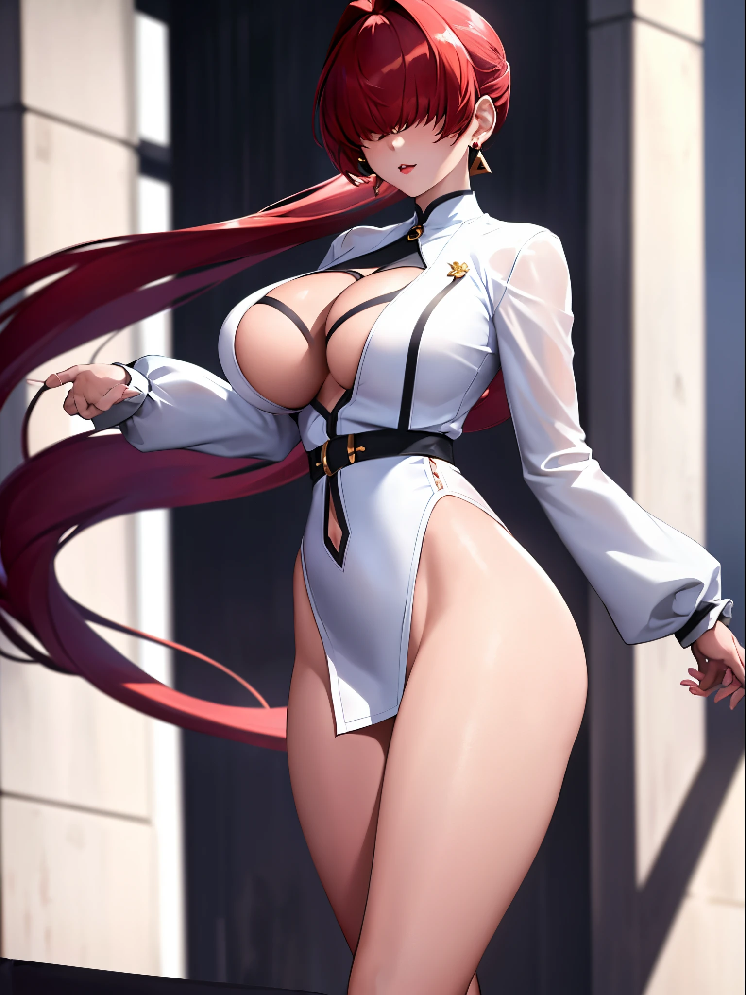 masterpiece, best quality, highres, she1, (hair over eyes:1.1), split ponytail, clothing cutout, earrings, jewelry, miniskirt, white skirt, leotard, white jacket, long sleeves, Big boobs, sexy legs, red hair, legs focus,