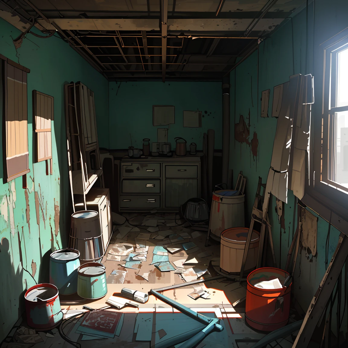 (best resolution),(masterpiece), (best shading), close-up of 1 open red suitcase full of clothes in an abandoned room with (dirt on the floor, some old torn papers, rusty cans, rusty shelves (with plastic containers, pots and tattered books), old posters broken on the walls, cracks on the walls, green mold on the surface,  gray pipes on the walls, some cables pulled by the room, blue night light, dense fog, charged environment
