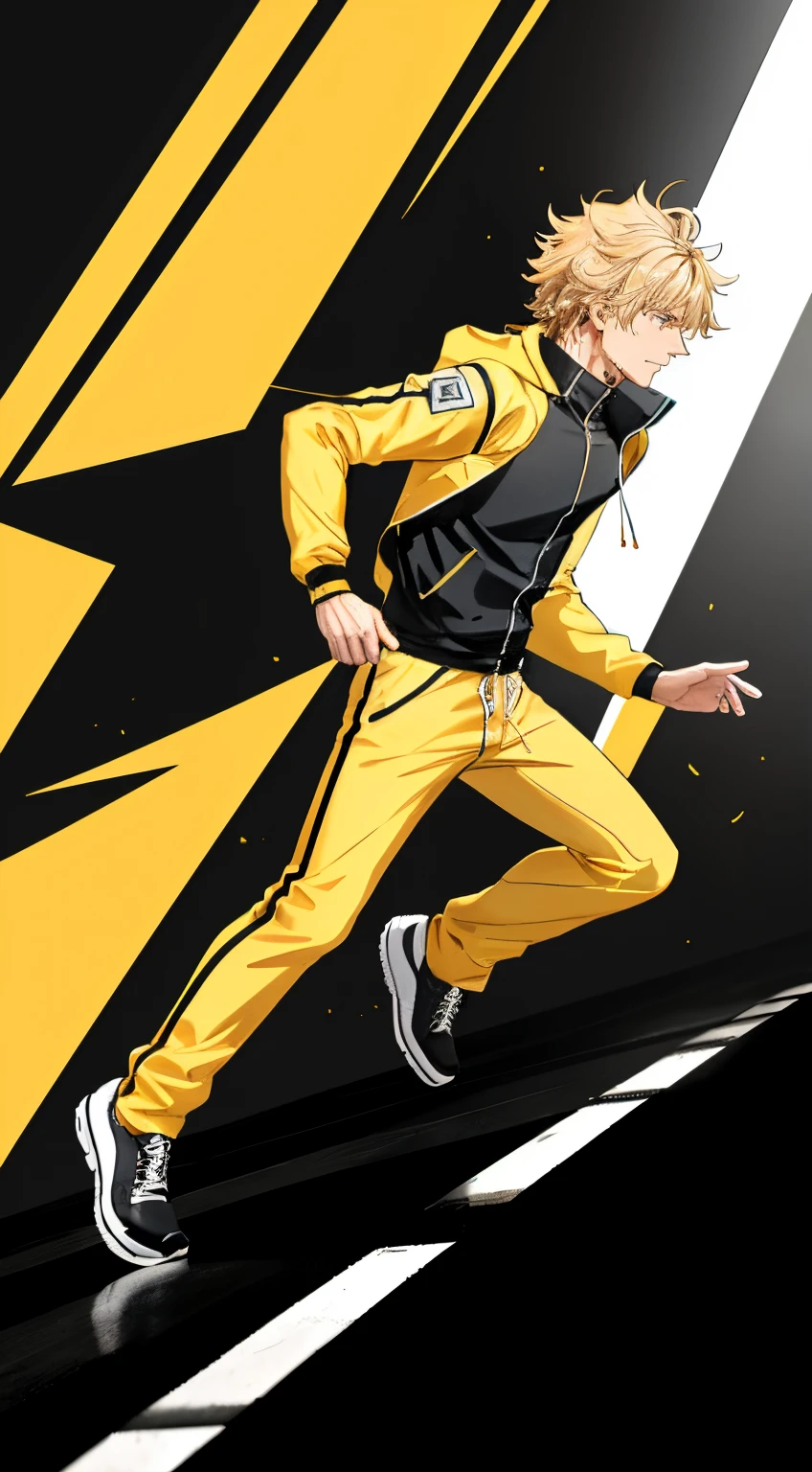 a man running left to right, male character, running pose, dynamic active running pose, running freely, blonde hair, messy hair, black joggers, unzipped yellow coat, windy, autumn, sideview, realistic, best quality, detailed, no background, no blur, view from the side, full body shot, sharp, focused, coat blowing in the breeze, realistic, detailed hands, detailed face, wet clothes