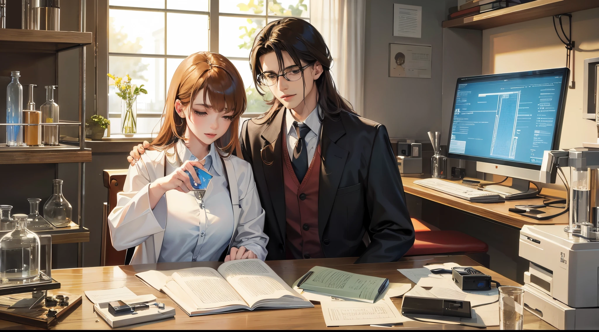 （A man and a woman），Two scientists conducting experiments with flasks in the laboratory, Ultra-realistic graphics and HD
