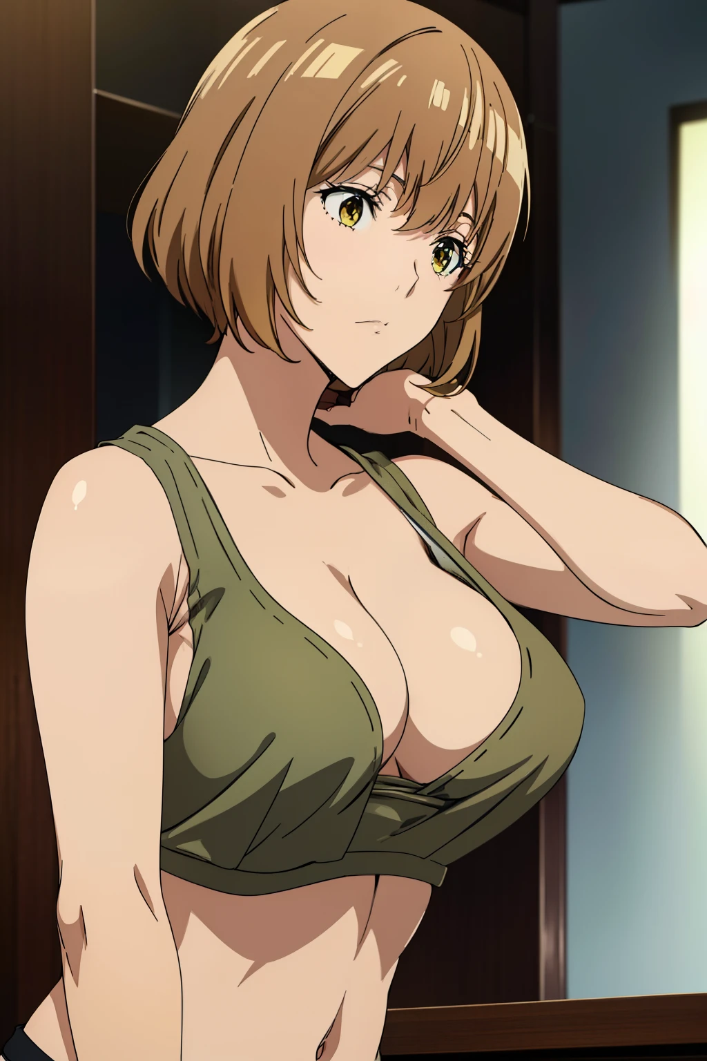 (Best Quality, masutepiece, High resolution, anime screen cap, anime colours), Brown hair, Yellow eyes, Yuriko Aoki, Embarrassed look:1.3, (large full breasts:1.5), (Thin fabric, Tank tops:1.8, no-bra:1.5), Slimed, Lower your arms, squeezing breasts:1.5, Upper body, Bedrooms, (Perfect Anatomy, perfect detailed body, Eyes and hair in beautiful detail, Beautiful breasts and skin),