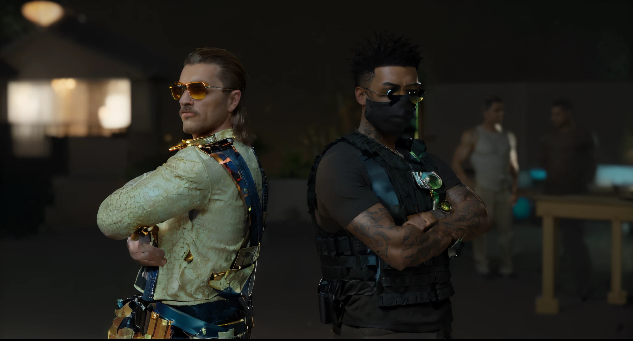 Photorealistic, two men stood back to back with a small gap in between. The man on the left is caucasian has a slightly round face with a brown moustache-sideburns combination that leads up to a light brown mullet. He wears gold aviators with red tinted lenses and a white stunt jacket with blue and white stars and a toolbelt. Arms crossed. The man on the right has a lightskin complexion, short square afro, a black t-shirt with a black bulletproof vest over the top. He has a white gold watch and tattooed arms. The background is a the centre of a cul-de-sac at night with bungalows that have lights in the windows. Background is blurred.
