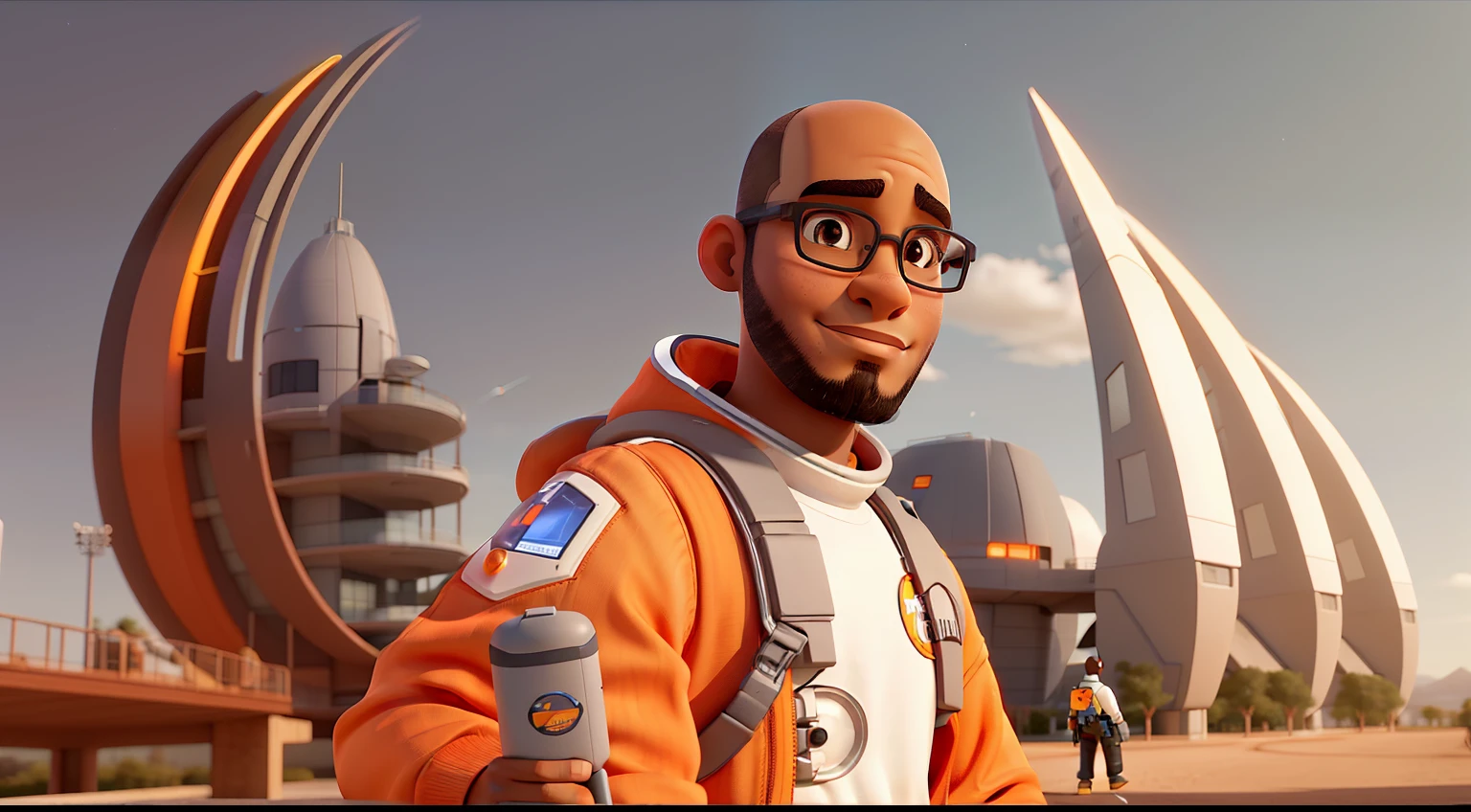um homem jovem de pele negra, shaved bald head and neatly trimmed beard. He is wearing an orange astronaut suit with white and gray trim., including chest and arm patches and emblems. Your glasses have square frames and are brown.. The man is standing, with the body slightly turned to the left of the image and the face facing the camera, showing a confident and serene expression.

In the background, there is a futuristic structure that appears to be part of a base or space station. The construction features curved lines and is made up of segments that resemble panels of glass or shiny metal.. The sky has an orange tone, o que sugere que a cena pode estar acontecendo ao amanhecer ou ao anoitecer, ou talvez em um ambiente com atmosfera controlada. A luz solar suave destaca o contorno do astronauta e da estrutura, giving the scene a soft glow. The combination of the astronaut&#39;s journey, futuristic architecture and sky resonance contribute to a sci-fi atmosphere.