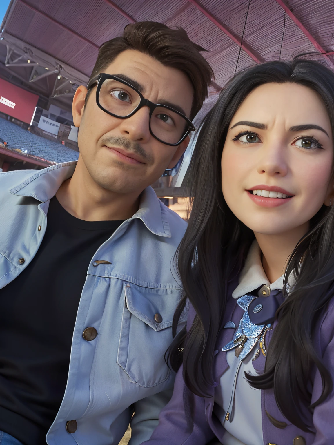 There is a man and a woman who are sitting together., 📷 Mungojerrie y Rumpleteazer, suave en _ Los antecedentes, imagen de baja calidad, alanis guillen, Pareja encantaDora, inspired by Glòria Muñoz, foto realista, solid background, 8k selfie photograph, shot on nikon z9, They are at a concert and the roof is a shed.