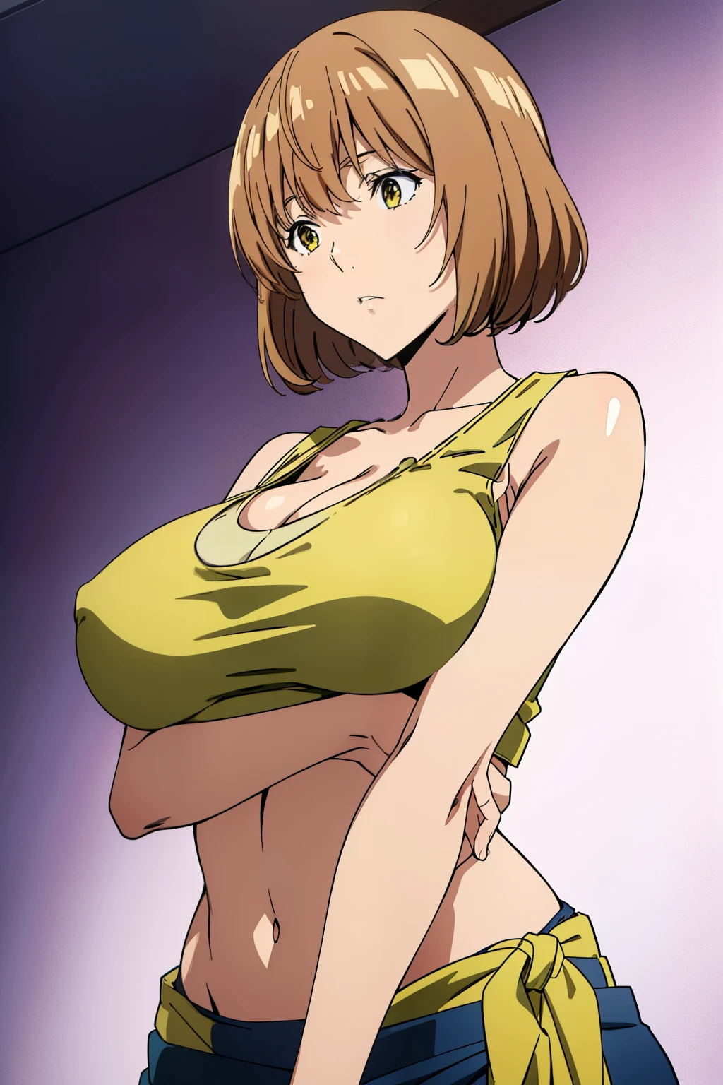 (Best Quality, masutepiece, High resolution, anime screen cap, anime colours), Brown hair, Yellow eyes, Yuriko Aoki, Embarrassed look:1.3, (large full breasts:1.5), (Thin fabric, Tank tops:1.8, no-bra:1.5), Slimed, Lower your arms, squeezing breasts:1.5, Upper body, Bedrooms, (Perfect Anatomy, perfect detailed body, Eyes and hair in beautiful detail, Beautiful breasts and skin),