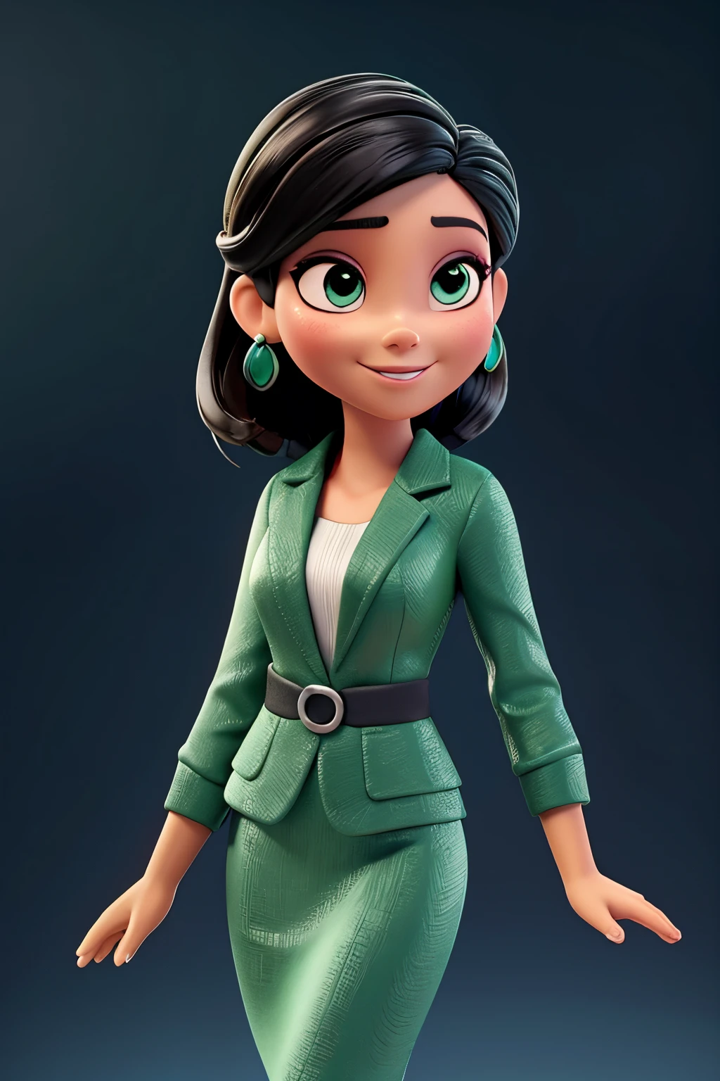 stilo pixar, desfile ,Retrato natural,Olhos verdes deslumbrantes,pele clara,cabelo preto liso,business woman,Terno Preto Formal,Rosto bonito,delicate features,Sorriso encantador,Postura segura,Iluminado pela luz suave do dia,Fundo do horizonte da cidade,Sombras segurando roupas